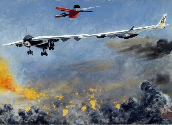 Image similar to illustration of the chilean coup d'etat of a plane at full speed bombing the government palace by john berkey and monet