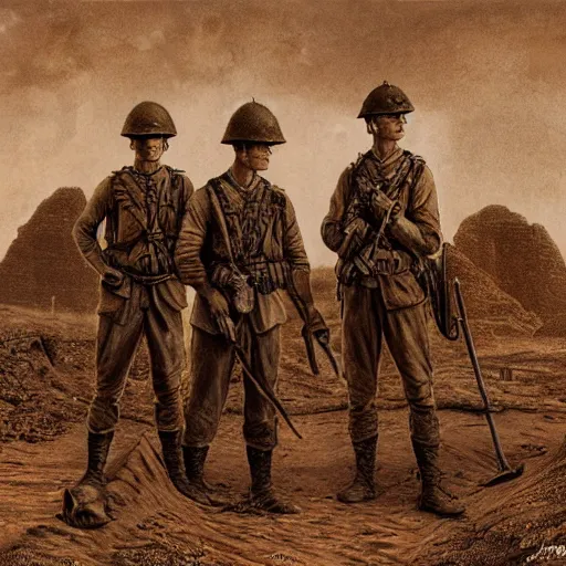 Image similar to ultra detailed photorealistic sepia - toned painting from 1 9 1 7, three british soldiers standing at an archaeological dig site in wadi rum, ultra realistic, painted, intricate details, epic, lovecraft, atmospheric, dark, horror, brooding, highly detailed, by dave dorman