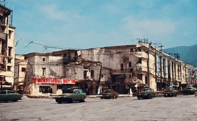 Prompt: movie still of a soviet street from Sarajevo in 1960s , Cinestill 800t 18mm