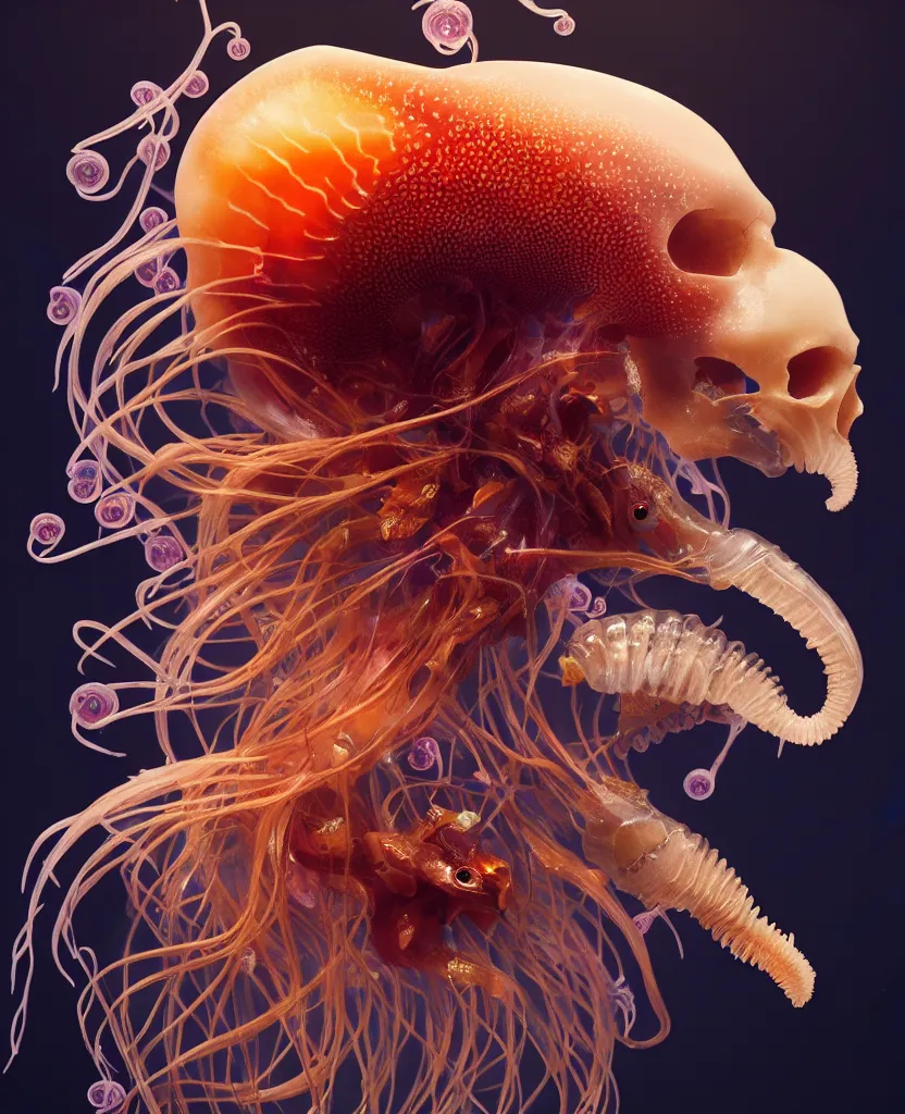 Image similar to goddess close-up portrait animal skull. jellyfish phoenix head, nautilus, orchid, skull, betta fish, bioluminiscent creatures, intricate artwork by Tooth Wu and wlop and beeple. octane render, trending on artstation, greg rutkowski very coherent symmetrical artwork. cinematic, hyper realism, high detail, octane render, 8k