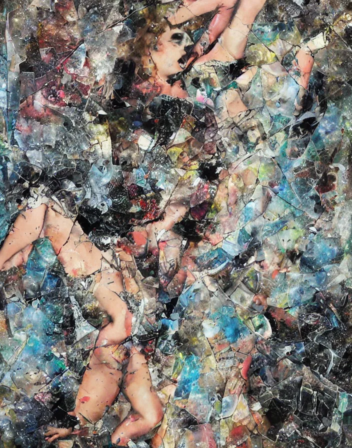 Prompt: celestial female orgasm from fight club in fighting action detailed mixed media collage with canvas texture in style of contemporary art, punk art, photorealism, sensual bodies, expressionism, masterpiece, spectacular quality, intricate oil details, broken glass photo, torn paper intricate texture, large cracks, liquid glue spots, vivid and balanced