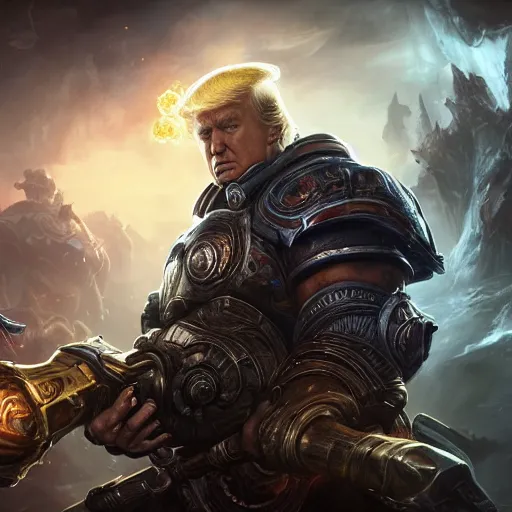 Image similar to Portrait of Trump, League of Legends amazing splashscreen artwork, Gears of War, splash art,natural light, elegant, intricate, fantasy, detailed face, atmospheric lighting, by Greg rutkowski, league of legends splash art, hd wallpaper, ultra high details