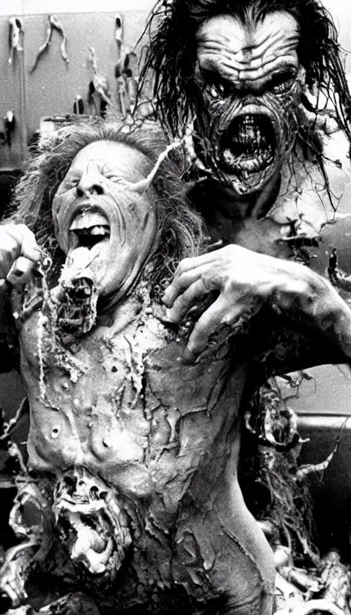 Image similar to a disgusting vile monster eating a man from The Thing, The Fly by Cronenberg and greg nicotero