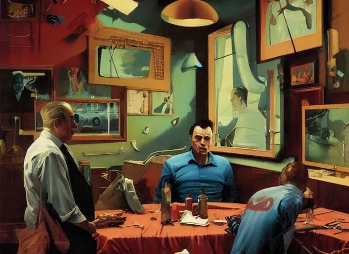 Prompt: a still from the tv series sopranos by francis bacon, surreal forest, norman rockwell and james jean, greg hildebrandt, and mark brooks, triadic color scheme, by greg rutkowski, in the style of francis bacon and syd mead and edward hopper and norman rockwell and beksinski, dark surrealism, open ceiling