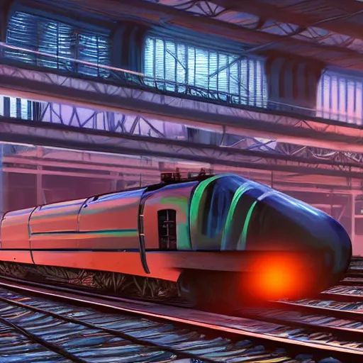 Image similar to Immense industrial futuristic train arrives at cyber punk city station, cinematic lighting, concept art