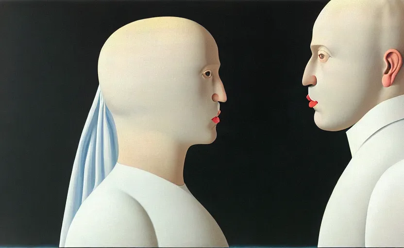 Image similar to the lovers # # white fabric covering heads # # by rene magritte, extremely intricate and detailed 8 k cinematic lighting, hyper realism