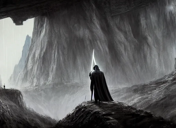 Image similar to gandalf staring darth vader, on the bridge of khazad dum, dark, fiery, mines of moria, heavy rain, night time, lord of the rings aesthetic, in style of alan lee, cinematic, cinematic lighting, octane render, motion blur, highly detailed