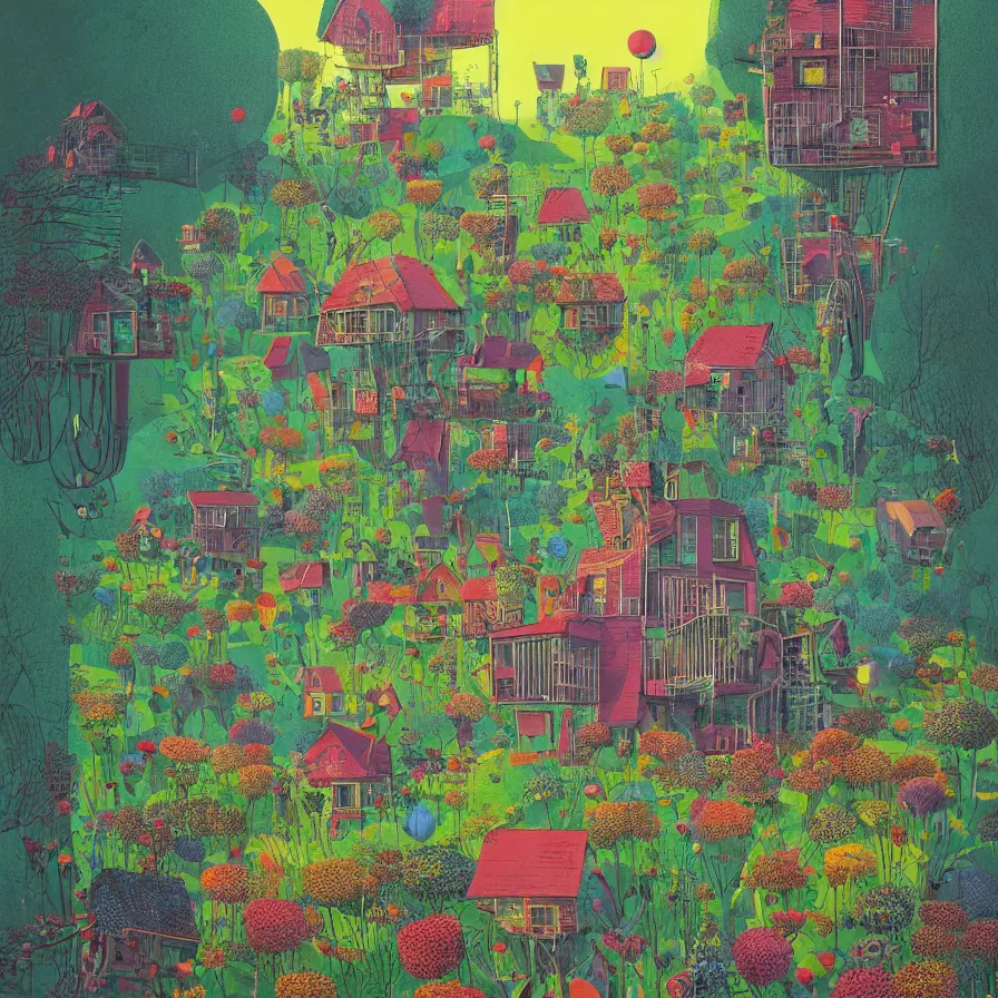 Image similar to surreal glimpse into other universe, house by norman foster, summer morning, very coherent and colorful high contrast, art by gediminas pranckevicius, geof darrow,!!! tove jansson!!!, floralpunk screen printing woodblock, dark shadows, hard lighting, stipple brush technique,