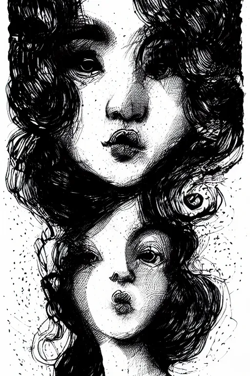 Image similar to ink lineart drawing of a beautiful woman, doll face, big lips, white background, etchings by goya, chinese brush pen, illustration, high contrast, deep black tones contour