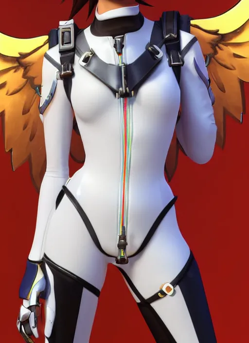 Image similar to portrait bust digital artwork of tracer overwatch, wearing white iridescent rainbow latex and leather straps catsuit outfit, 4 k, expressive happy smug expression, makeup, in style of mark arian, angel wings, wearing detailed black leather collar collar collar collar, chains, black leather harness, detailed face and eyes,