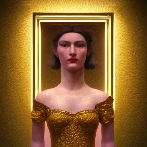 Prompt: !dream a beautiful girl's face made of ivory and gold filigree, ancient film still by edward hopper, by Bosch, by klimt, art noveau, highly detailed, strong lights, liminal, eerie, Bright pastel colors, octane render, 8k,