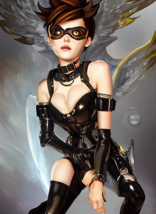 Image similar to full body artwork of tracer overwatch, wearing black latex outfit, in style of mark arian, angel wings, dramatic painting, wearing detailed leather collar with chain, black shiny armor, chains, black harness, detailed face and eyes,