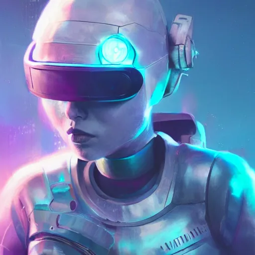 Image similar to cyberpunk concept cool warrior girl bot, galaxy, ufo, space sci - fi, wearing vr goggles, illustration, portrait, pastel neon textured background night, trending on artstation, greg rutkowski, octane rendered, 1 2 k, detailed,