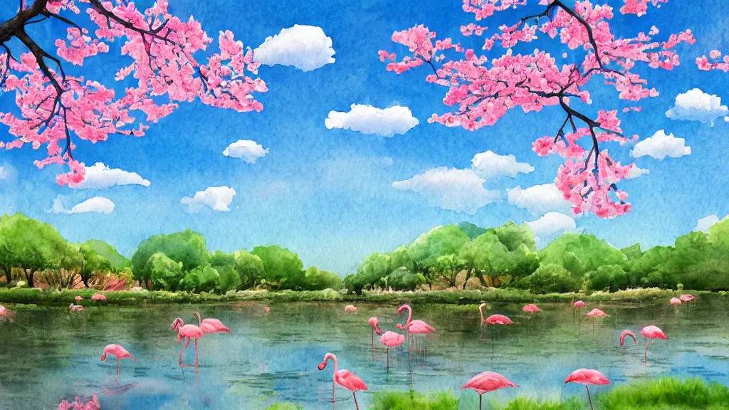 Image similar to watercolor landscape, cherry blossoms, sky, clouds, flamingos, high key lighting,