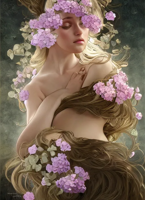 Image similar to a photographic portrait of a seductive sleeping anthropomorphic hydrangea blossom with a perfect face, fantasy, wind blowing hair, intricate, elegant, very very highly detailed, digital painting, artstation, concept art, smooth, super sharp focus, illustration, art by artgerm and h r giger and alphonse mucha