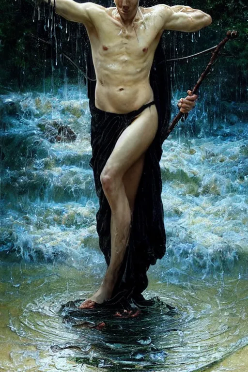 Image similar to portrait of a beautiful man wearing a black robe, holding a long staff, drenched body, wet dripping hair, emerging from the water, fantasy, regal, fractal crystal, fractal gems, by stanley artgerm lau, thomas kindkade, alphonse mucha, loish, norman rockwell ross tran