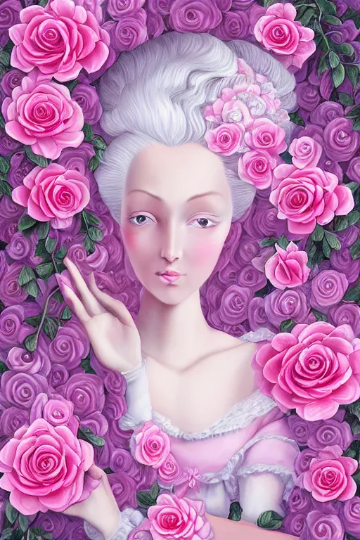 Image similar to beautiful digital painting Marie Antoinette pink roses, by Georgia O\'Keeffe, Carmelo Blandino, Cyril Rolando, artstation, Behance, 4K,