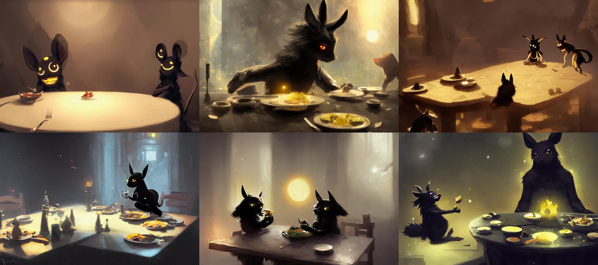 Prompt: umbreon eating dinner at a table happiness is temporary by greg rutkowski