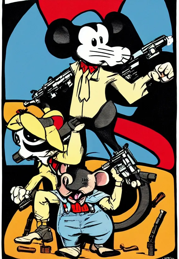 Image similar to an anthropomorphic mouse holding two guns, art by frank miller