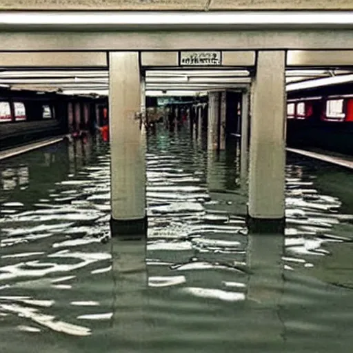 Prompt: photo of a subway station, the floor is flooded with one meter deep water. eerie