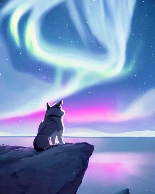 Prompt: anime painting of a husky exploring the arctic, illuminated by the beautiful pink northern lights in the night sky above them, by makoto shinkai, tranquil, trending on artstation, kimi no na wa