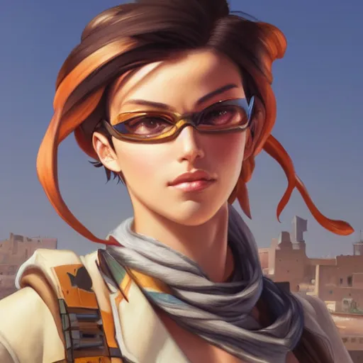 Image similar to portrait of tracer from overwatch travels in marrakech streets, morocco, palm trees, mosque, highly detailed, digital painting, artstation, concept art, smooth, sharp focus, illustration, art by artgerm and greg rutkowski and alphonse mucha