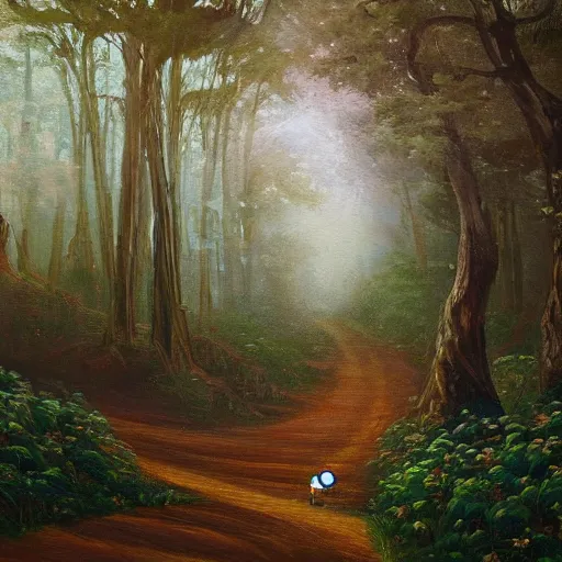 Image similar to a beautfiul painting of a robot running througj a forest,8k