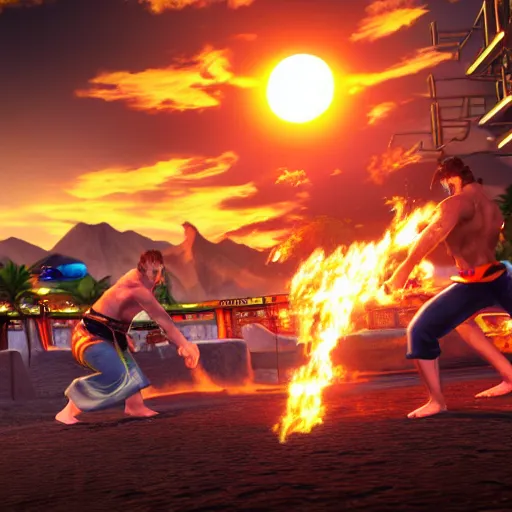 Prompt: Sunset casino beach tekken battle KO esports brutal tekken fight arcade battle in game graphics