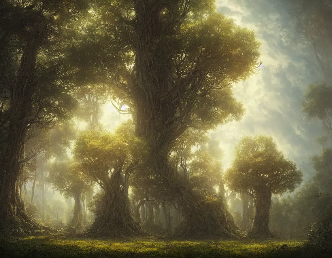 Image similar to hyper realistic detailed matte painting of tree of knowledge, hd, hdr, by moebius and john howe and albert bierstadt and alena aenami, ultra detailed, high resolution