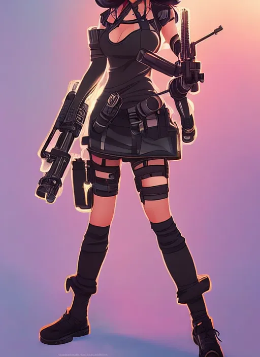 KREA - poster art of anime girl with cyberpunk style outfit, cute face,  pretty, Anime, posing with a gun by Valorant and Julia Yurtsev, Fierce  expression 4k, 8k, HDR, Trending on artstation