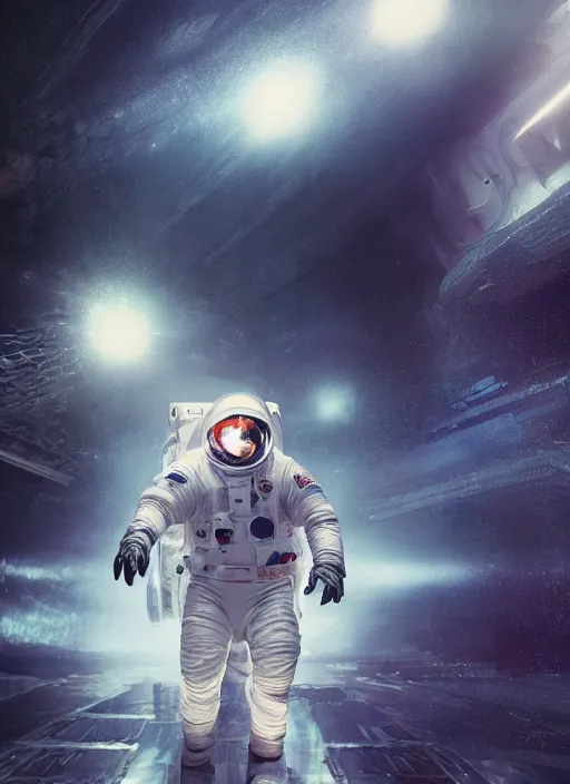 Prompt: poster art by craig mullins astronaut in futuristic dark and empty spaceship underwater. infrared glowing lights. complex and hyperdetailed technical suit. reflection and dispersion materials. rays and dispersion of light. volumetric light. 5 0 mm, f / 3 2. noise film photo. flash photography. unreal engine 4, octane render. interstellar movie art