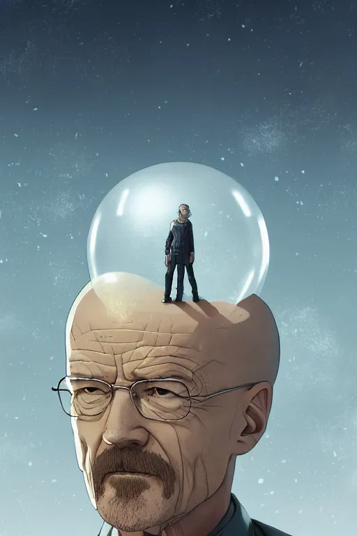 Image similar to walter white floating inside a glimmering crystal ball, high intricate details, rule of thirds, golden ratio, cinematic light, 8 k, octane render, anime style, graphic novel by fiona staples and dustin nguyen, art by beaststars and orange, peter elson, alan bean, studio ghibli, makoto shinkai