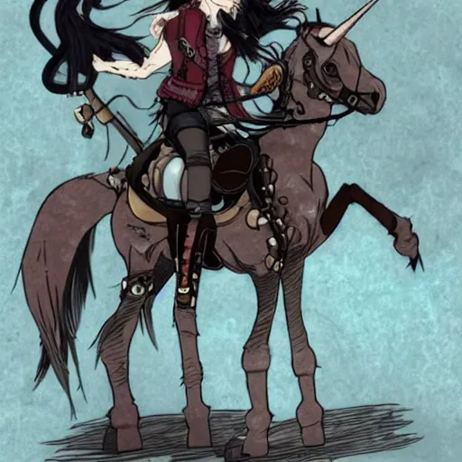 Prompt: reze from chainsaw man riding a unicorn, steampunk style