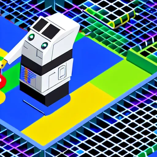 Image similar to corporate google isometric art if robot in datacentre, corporate isometric art, raytraced colourful 3 d