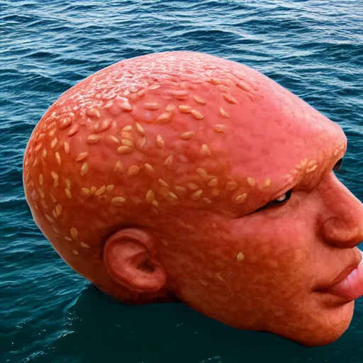 Image similar to a giant human head sculpture in the sea made out of juicy hamburgers, long shot, hyper detailed, hyper realistic, ray tracing, 8 k resolution, sharp focus, realistic water, award winning