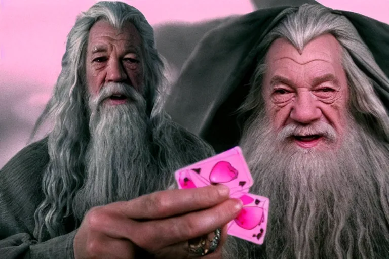 Image similar to portrait of Gandalf wearing pink Hello kitty costume, laughing maniacally, looking at a playing card in his hand, sunrise, movie still from Lord of the Rings, cinematic