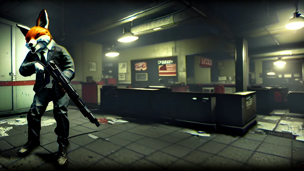 Image similar to screenshot from the pc game payday 2 demonstrating the fursuit unlock - hoxton? more like foxton.