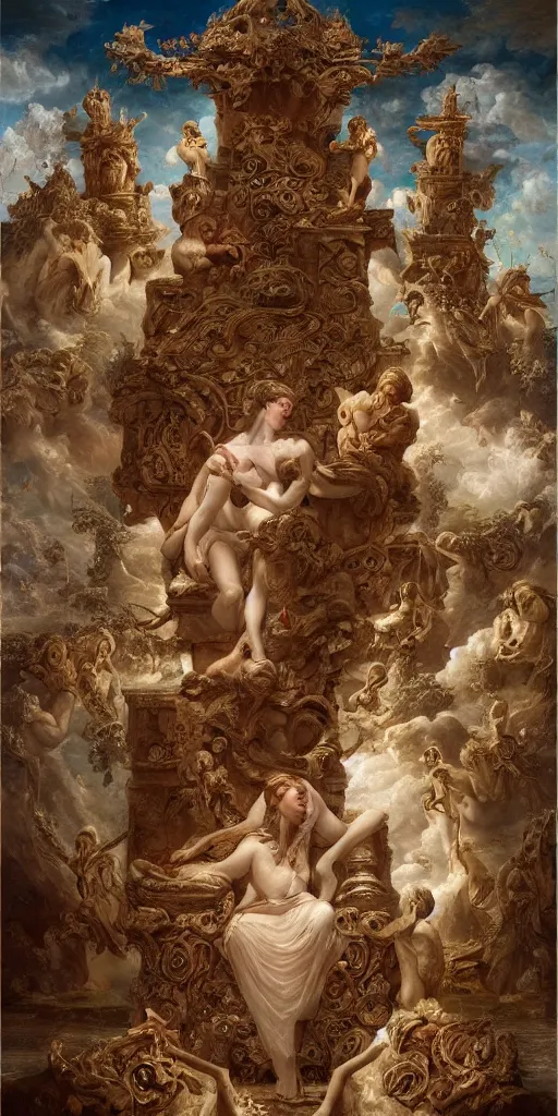 Image similar to a stunning and noble highly detailed romantic period style painting of the place where gods come into being by james jean, josep tapiro baro and harles sillem lidderdale, trending on artstation, oil painting masterpiece, symmetry, rule of thirds, mysterious