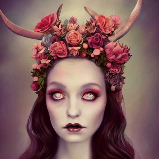 Image similar to of a woman,surreal Portrait inspired by Natalie Shau,Anna Dittman,flower crown,coral dress,horns,cinematic