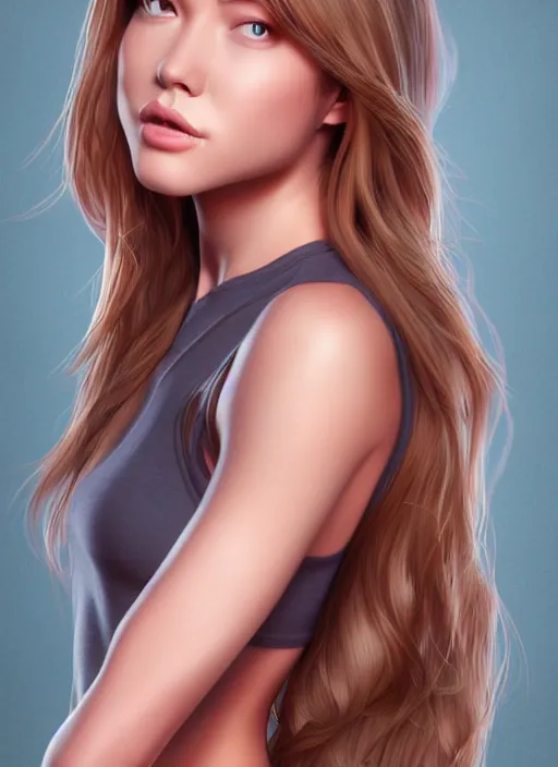 Prompt: full body portrait of a beautiful young woman, photorealistic, hair down to waist, in the style of Kevin Kostic, Stephen Lau and artgerm, hyper sharp focus, 8k highly detailed