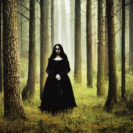 Image similar to photogenic gothic young woman with black hair in dark forest, 8 k, portrait