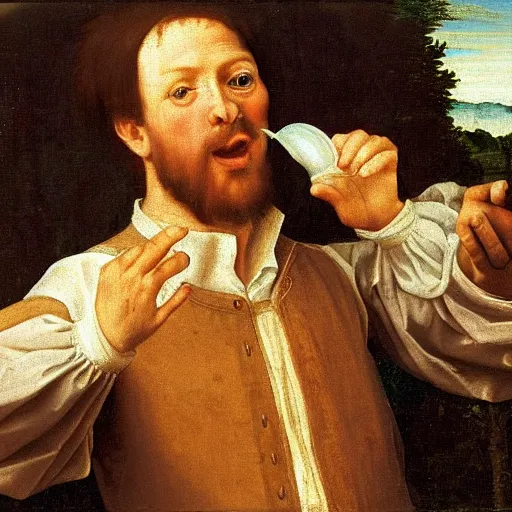 Prompt: A renaissance oil painting of a man drinking milk