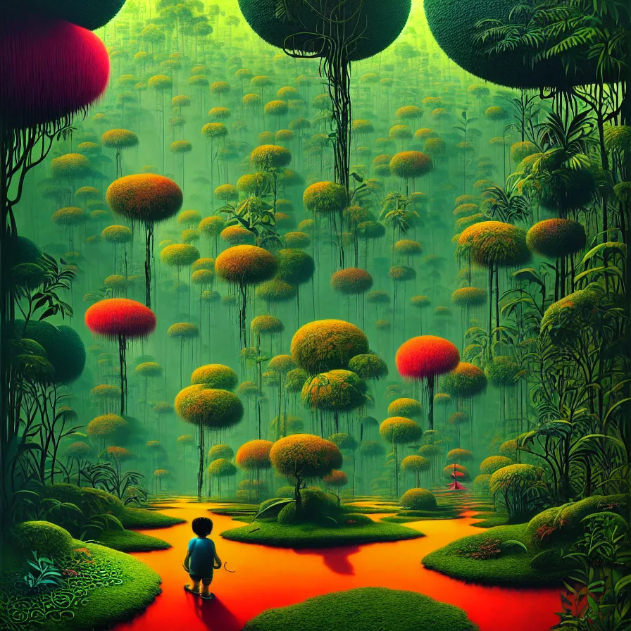 Prompt: surreal glimpse, malaysia jungle, summer morning, very coherent and colorful high contrast, art by gediminas pranckevicius, ross tran, floralpunk screen printing woodblock, dark shadows, hard lighting, stippling dots,