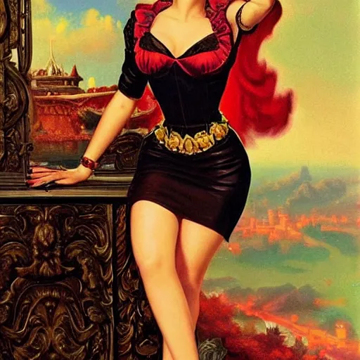 Prompt: scarlett johansson with long hair dressed in pin up style, ultra detailed, beautiful, decolte, by greg hildebrandt fancy rococo baroque oil painting high quality clothed in fancy garb in pin up style