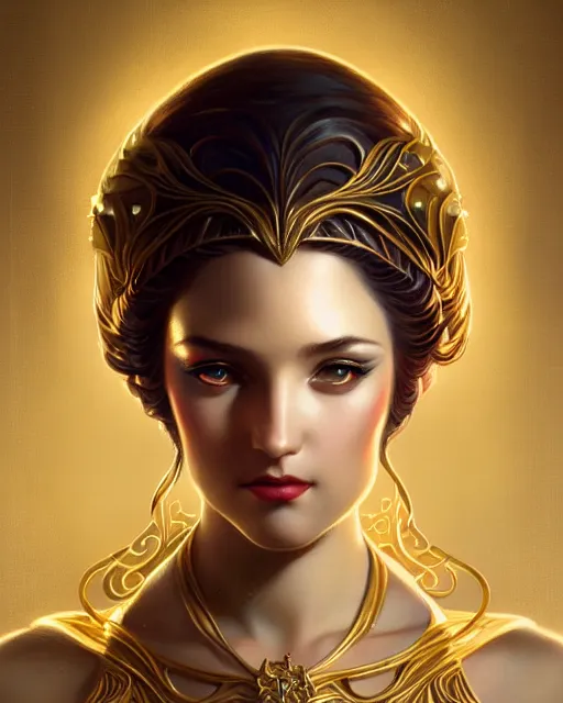 Prompt: Beautiful and playful ethereal singer portrait, art deco, fantasy, intricate art deco golden designs, elegant, highly detailed, sharp focus, art by Artgerm and Greg Rutkowski and WLOP