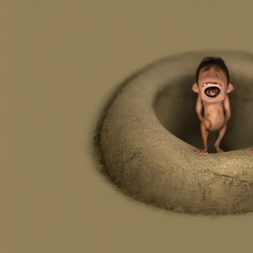 Prompt: a little homunculus man slipping his way into a little rat hole, vfx, hyper realistic