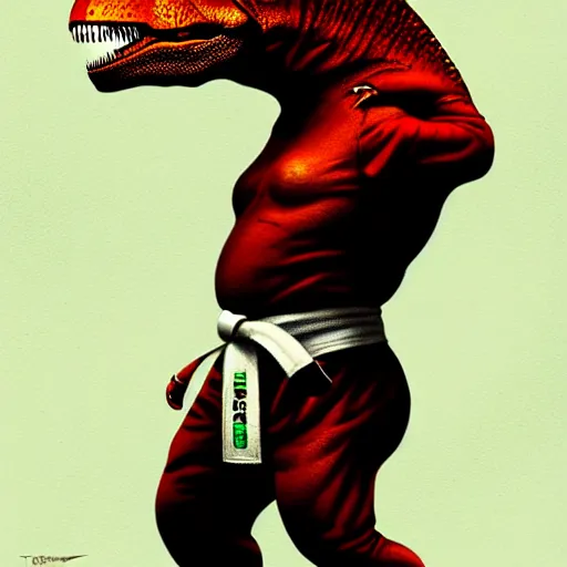 Image similar to t - rex in a karate suit, practicing martial arts, diffuse lighting, fantasy, highly detailed, photorealistic, digital painting, artstation, illustration, concept art, smooth, sharp focus, in the style of tom bagshaw