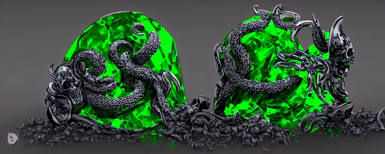 Image similar to simple magic ring of poison, ring, skull, tentacles, green, black, purple. smooth shank, crystals, engravings, product design, jewelry, colorful, art by gerald brom, greg rutkowski and artgerm, photo realism, unreal engine, c 4 d