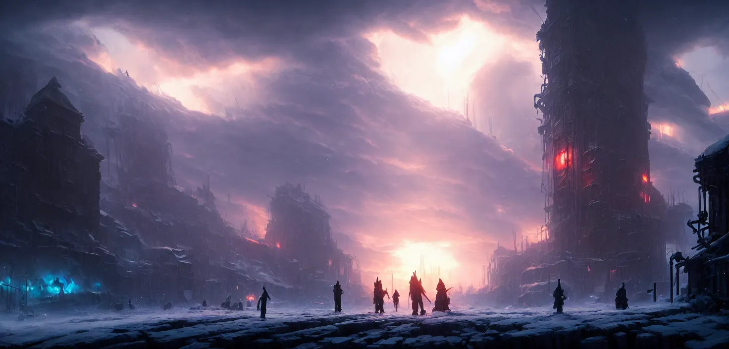 Prompt: frostpunk portal, cinematic view, epic sky, detailed, concept art, high detail, warm lighting, volumetric, godrays, vivid, beautiful, trending on artstation, by jordan grimmer, huge scene, art greg rutkowski