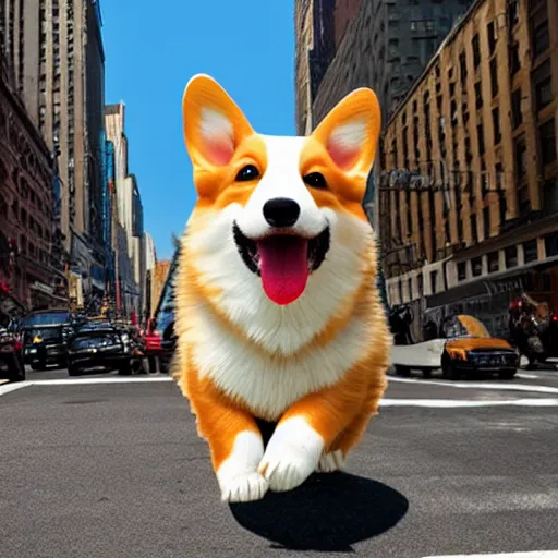 Image similar to 8k highly detailed photograph of a giant 80 foot tall adorable corgi invading New York City. cute destruction